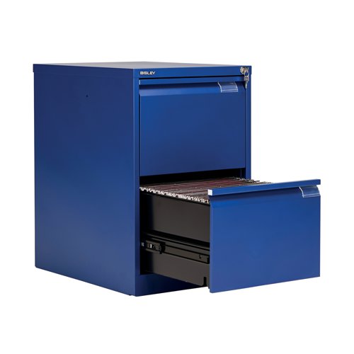 BY90696 | Bisley filing cabinets are built to last and feature a fully-welded construction and double skin drawer fronts. This steel filing cabinet has two drawers and is lockable. Featuring recess handles, drawer label holders, central locking and an anti-tilt safety device. The cabinets have a 10 year guarantee.