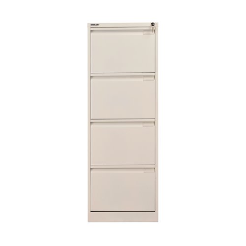 Bisley filing cabinets are built to last and feature a fully-welded construction and double skin drawer fronts. This filing cabinet has four drawers and is lockable. Featuring recess handles, drawer label holders, central locking and an anti-tilt safety device. The cabinets have a 10 year guarantee.