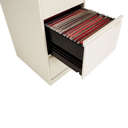 Bisley filing cabinets are built to last and feature a fully-welded construction and double skin drawer fronts. This filing cabinet has four drawers and is lockable. Featuring recess handles, drawer label holders, central locking and an anti-tilt safety device. The cabinets have a 10 year guarantee.