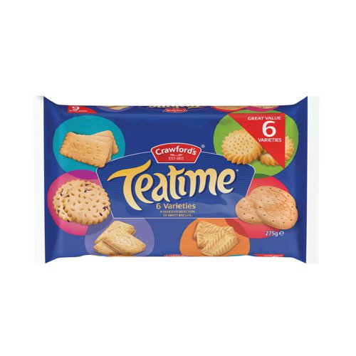 This Crawford's Teatime assortment contains a variety of popular biscuits including Custard Cream, Shortcake, Nice, Digestives, Fruit Shortcake and Golden Shortie. Great for sharing at home, or in the office, this 275g pack livens up a tea break and provides a delicious snack or treat any time of the day.