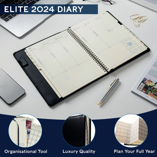 CD1100V24 | Ideal for professional use, this day per page diary from Collins comes in luxury padded faux leather cover and includes a pen holder and a zip-lock section for receipts and invoices. The diary is wirebound and refillable, so year on year you only need to replace the pages. Each day has its own page with hourly appointments from 8am to 8pm. The executive organiser also includes monthly Mylar tabbing, a removable A-Z personal directory and a notebook, along with current and forward year planners and 2 ribbon markers.