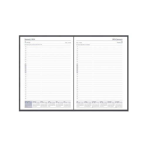 CD1200V24 | This professional diary features padded Valencia cover, with pages printed on luxury cream paper. The day per page format also includes half hourly appointments from 7am to 9pm and a 12 month calendar view at the bottom. The diary also includes UK holidays and festivals, colour world maps, and current and forward year planners. The convenient ribbon marker helps you easily find your desired date.