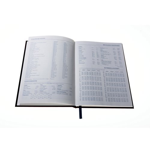 CD35BK24 | This week to view A5 diary is sewn cased in durable leathergrain, with diary pages printed on quality white wove paper to give a professional look. The diary shows Monday to Sunday across a double page and also includes current and forward year planners to view your plans at a glance. There is a web directory and staff holiday planner, together with a convenient ribbon page marker.