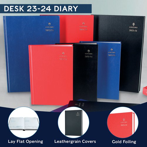 CD44MBU23 | Ideal for any student, academic or education professional, this 12 month mid-year academic diary runs from July 2023 to July 2024 and features one day per page, with half hourly appointments from 8am to 6pm for planning classes and study time. The diary is bound in durable blue leathergrain and features a ribbon marker to help you find the correct date. Also included are timetables, current and forward year planners, and academic and travel schedules; everything that you might need to organise your time.