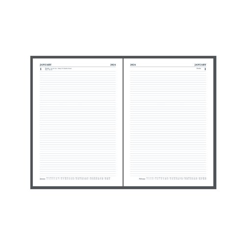CD4724 | This A4 diary has one day across two pages for extra writing space and is sewn cased in durable leathergrain, making it hard-wearing and tough. The diary pages are printed on quality white wove paper to give a professional look. The two pages per one day layout allows plenty of space for busy individuals and also includes current and forward year planners to view your plans at a glance. There is a web directory and staff holiday planner together with a convenient ribbon page marker.