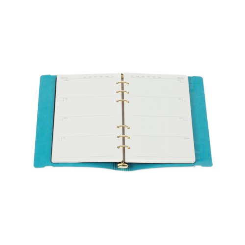 CD77571 | This colourful personal organiser comes with contrasting elastic enclosure. Covers are flexible and durable, so perfect for staying organised on the move. Lay flat opening. Featuring undated week to view diary pages and notes pages plus a stencil ruler perfect for journaling. Compatible with standard six-ring refills.