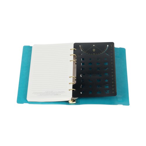 CD77571 | This colourful personal organiser comes with contrasting elastic enclosure. Covers are flexible and durable, so perfect for staying organised on the move. Lay flat opening. Featuring undated week to view diary pages and notes pages plus a stencil ruler perfect for journaling. Compatible with standard six-ring refills.