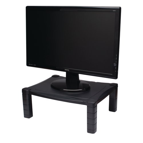CE77684 | This Contour Ergonomics monitor stand has an adjustable height system of 40mm to 160mm, helping to create an ergonomic viewing angle and greatly reducing stress on your back and neck. For use with laptops, 15 - 20in LCD or CRT monitors, and printers or other office machines, the stand also has a built-in cable organiser to help keep your workspace tidy and padded feet to protect your desk surface. This black monitor stand measures W433 x D346 x H164mm, with a platform size of 430 x 340mm.