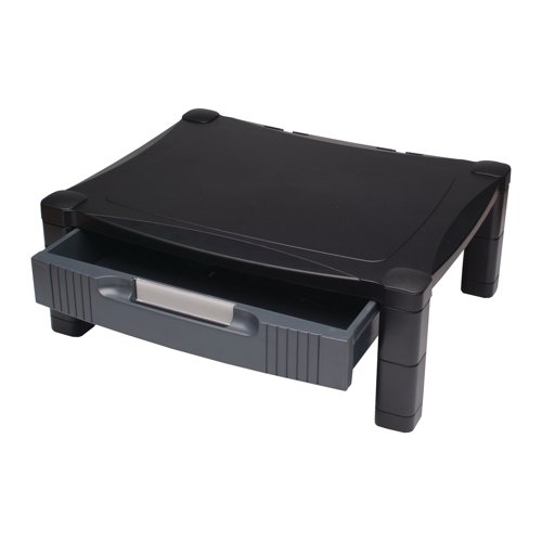 This Contour Ergonomics monitor stand has an adjustable height system of 100 to 160mm, helping to create an ergonomic viewing angle and greatly reducing stress on your back and neck. For use with laptops, 15 - 20in LCD or CRT monitors, and printers or other office machines, the stand also has a built-in cable organiser, padded feet, and an integrated drawer to maximise desktop space and minimise clutter. This black monitor stand measures W433 x D346 x H164mm, with a platform size of 430 x 340mm.