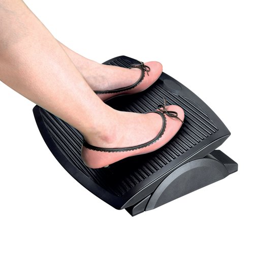 Smart, neat and effective, this Contour Ergonomics Professional Footrest features a convenient gliding design, allowing easy angle adjustment from 0 - 20 degrees. Designed to help reduce muscle strain and fatigue during long periods of sitting, the footrest has a large, non-slip platform and a rubber padded backing to keep it in place at your work station. Made from sturdy, high impact plastic, the platform measures 450 x 350mm. This pack contains 1 black footrest measuring W452 x D350 x H90mm.