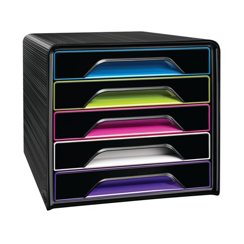 CEP01063 | The CEP Smoove 5 drawer module features a textured black surround with multi-coloured drawers. Made from 100% recyclable, shock resistant polystyrene, the module is stackable to create additional filing space. Each drawer is equipped with an ergonomic handle and can accept documents and files up to 240 x 320mm in size. This 5 drawer unit measures W395 x D372 x H298mm.