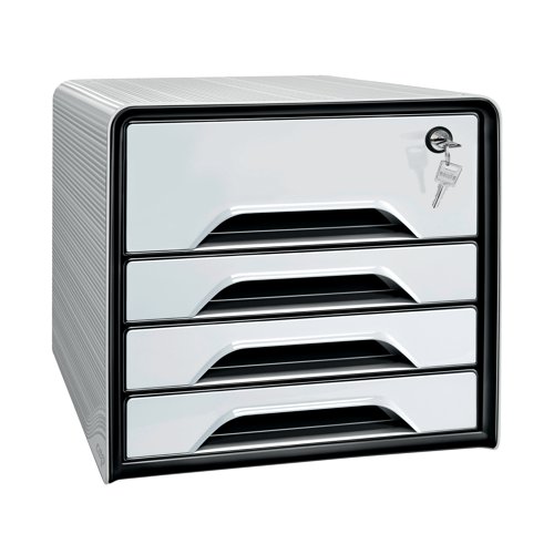 This CEP Smoove Secure 4 Drawer Module features a textured white surround with white drawers. Made from 100% recyclable, shock resistant polystyrene, the module is stackable to create additional filing space. Each drawer is equipped with an ergonomic handle and can accept documents and files up to 240 x 320mm in size. This 4 drawer unit features 3 slim drawers for documents and 1 larger drawer for stationery or accessories. The larger drawer is also lockable for security.