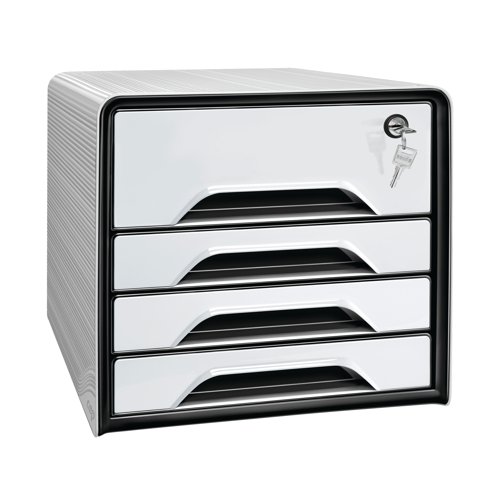 CEP01338 | This CEP Smoove Secure 4 Drawer Module features a textured white surround with white drawers. Made from 100% recyclable, shock resistant polystyrene, the module is stackable to create additional filing space. Each drawer is equipped with an ergonomic handle and can accept documents and files up to 240 x 320mm in size. This 4 drawer unit features 3 slim drawers for documents and 1 larger drawer for stationery or accessories. The larger drawer is also lockable for security.