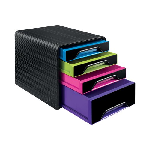 This CEP Smoove 4 Drawer Module features a textured black surround with multicoloured drawers. Made from 100% recyclable, shock resistant polystyrene, the module is stackable to create additional filing space. Each drawer is equipped with an ergonomic handle and can accept documents and files up to 240x320mm in size. This 4 drawer unit features 3 slim drawers for documents and 1 larger drawer for stationery or accessories.