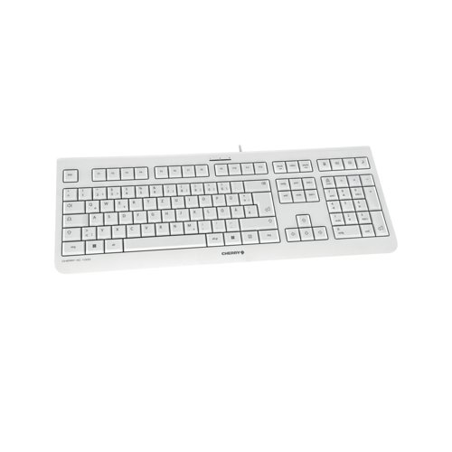 This CHERRY KC 1000 Wired Keyboard features a modern, flat design with whisper quiet, wear resistant keys. The wired design has a 1.8m long cable and USB connection for standard PCs. This pale grey keyboard measures W458 x D170 x H20mm.