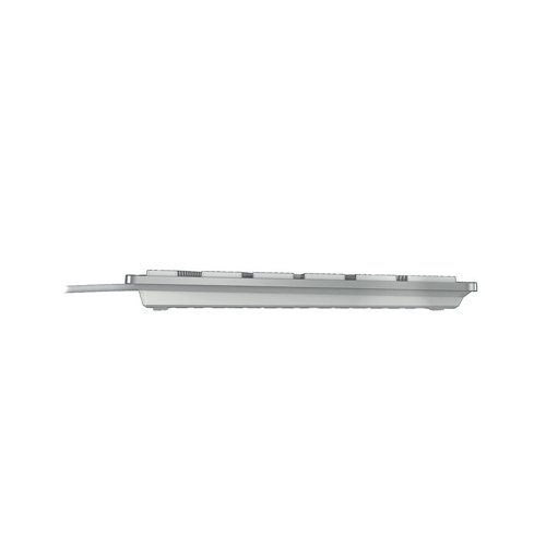 CH08865 | This CHERRY KC 6000 Slim Wired Keyboard features a sturdy, ultra flat design with an integrated metal plate. The wired design has a 1.8m long cable and USB connection for standard PCs. This keyboard comes in silver with white keys and measures W440 x D130 x H15mm.