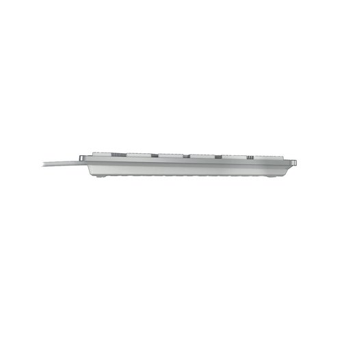 CH08871 | This CHERRY KC 6000 Slim Wired Keyboard features a sturdy, ultra flat design with an integrated metal plate. The wired design has a 1.8m long cable and USB connection for Macs. This keyboard comes in silver with white keys and measures W440 x D130 x H15mm.