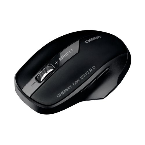 CH08997 | The Cherry MW 2310 is a versatile 6 button wireless mouse with 2.4GHz technology and an ergonomic design. Its nano USB receiver is so small that it can safely stay inside the notebook even when you are on the move. The Cherry MW 2310 has an optical sensor with 3 adjustable resolutions (1000, 1600 and 2400 DPI). Using the DPI switch on the top of the mouse, the resolution can be selected at the touch of a button. An LED indicates the selected DPI. With just one set of the supplied batteries (2 x AA), the mouse can be operated for up to 3 years before they have to be changed. The mouse has an On/Off switch on the bottom so it can be switched off completely when not in use.