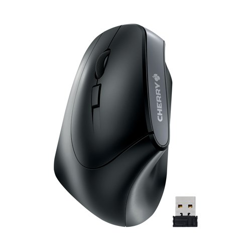 CH09065 | The Cherry MW 4500 USB Wireless Vertical Mouse has a more natural hand posture and helps to reduces the risk of wrist problems. The angled shape of the mouse corresponds to the natural, relaxed position of the wrist so there is less strain on your tendons. The mouse is suitable for left handed users. Two additional thumb buttons let you move back and forth in your web browser, and with the aid of the Cherry Keys software you can individually assign copy and paste functions. To adjust the speed, the resolution can be set with a button in 3 levels up to 1200 dpi.