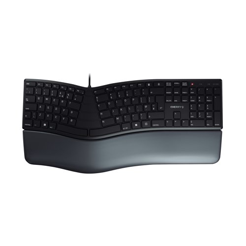 The Cherry KC 4500 Ergo Wired Ergonomic Keyboard provides relief from tense shoulders, cramp or other unpleasant symptoms caused by incorrect posture. With its special design, your hands and arms take up a more natural position by themselves. This relieves your shoulders and back and your relaxed posture reduces stress. The extra-soft palm rest with memory foam prevents pressure points and lets you rest your hands comfortably. The three feet allow you to raise the front of the keyboard. This position is particularly comfortable when working in a standing position. Once you have become used to the special design, typing is the same as on any other Cherry keyboard easy and uncomplicated.