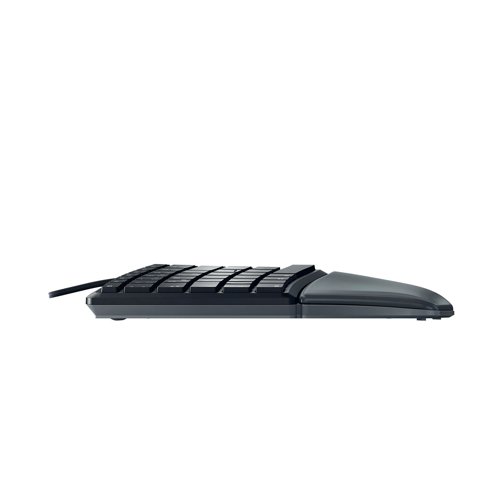 CH09395 | The Cherry KC 4500 Ergo Wired Ergonomic Keyboard provides relief from tense shoulders, cramp or other unpleasant symptoms caused by incorrect posture. With its special design, your hands and arms take up a more natural position by themselves. This relieves your shoulders and back and your relaxed posture reduces stress. The extra-soft palm rest with memory foam prevents pressure points and lets you rest your hands comfortably. The three feet allow you to raise the front of the keyboard. This position is particularly comfortable when working in a standing position. Once you have become used to the special design, typing is the same as on any other Cherry keyboard easy and uncomplicated.