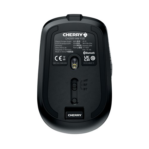 CH09725 | The Cherry MW 9100 USB wireless mouse has a compact design that nestles right into your hand. The mouse has 3 different resolution levels and using the handy DPI button, you can easily switch between 1000, 1600 and 2400 dpi. The MW 9100 can be connected to your device using Bluetooth or the 2.4GHz radio receiver. Using the slide switch on the bottom of the wireless mouse, you can easily change between either connection mode. In both cases, the transmission is carried out using AES-128 encryption. One charge of the lithium-ion battery lasts several weeks, but when the battery is low, the mouse charges conveniently via the included USB-C cable while you continue working.