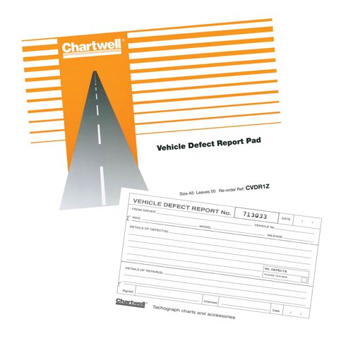 Comprising t25 easy to read individual report sheets, each with carbon copy paper, this Chartwell Vehicle Defect Report Pad allows for the quick recording of all vehicle defects. In a handy A5 size for use in the vehicle cab, the carbon paper allows for a record to be kept in the vehicle, and the standard layout of the sheets, which are all numbered and punched for filing purposes, ensures the pad is as easy to use as possible.