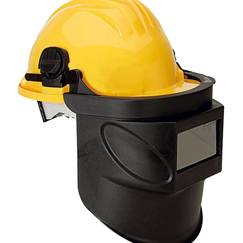 Climax Helmet Mounted Welding Shield. Protect yourself from damage with the Climax Helmet Mounted Welding Shield. Approved EN 169 CE. EN 175 CE. EN 397 CE Material: Polypropylene. Welding glass measurements: 105 x50mm, 108 x51mm, 110 x55mm, 110 x50mm, 110 x60mm. Harness Size : 52-61cm. Adjustable glass filter plate.