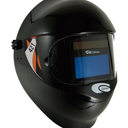 CMX24039 | The welding helmet mod. 421 can be used for all types of welding processes as of 5 amperes (MIG/MAG electrodes, TIG/WIG, plasmajet cutting and welding) except por laser and gas welding. It is specially recommended for TIG welding as it is equipped with a special detector for this kind of welding. The fastener system consists of a headgear with two straps (contour strap and cross strap). The circumference of the contour strap can be adjusted comfortably by turning the wing nut at the rear of the contour strap and the length of the cross strap can also be adjusted to seven dierent positions. The contour strap has two cushions that prevent discomfort at the points where the strap touches the wearers head.