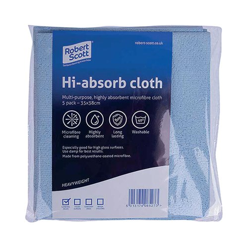 Robert Scott Hi-Absorb Microfibre Cloth Blue (Pack of 5) 103986BLUE Cleaning Cloths CNT08527