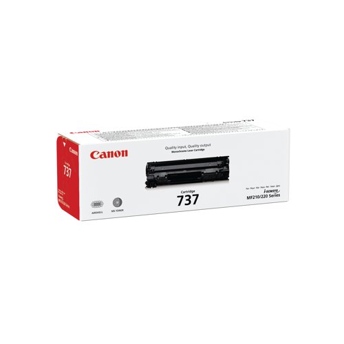 This Canon 737 Toner Cartridge provides outstanding business-quality print output. It contains enough black toner to print up to 2,400 pages. As a genuine Canon consumable, it ensures the best possible reliability and output.