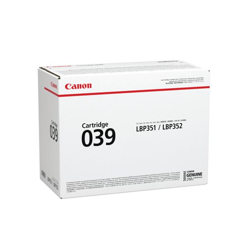 With this genuine Canon 039 standard yield Black Toner Cartridge, which works seamlessly with Canon i-SENSYS LBP351x/LBP352x. It is packed with quality Canon toner for a total page yield of up to 11,000 pages. And as a genuine Canon consumable, you know you're getting the best reliability and performance for hassle-free printing operations.