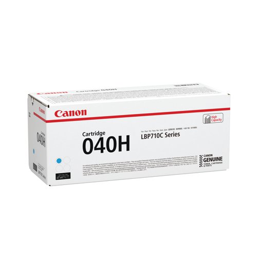 Ensure consistent high performance and top quality output from your Canon printer by using this genuine Canon 040 toner replacement. The 040 cyan toner cartridge is designed for use with Canon i-SENSYS LBP710Cx and i-SENSYS LBP712Cx printers and will produce consistent vibrant colours and graphics throughout its lifetime. Easy to install, maintain and replace, the cartridge will last for up to 10,000 pages at an average 5% coverage.
