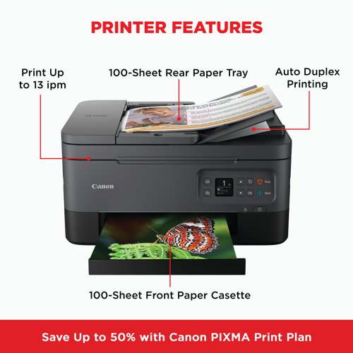 The Canon PIXMA TS7450i is the perfect fit for versatile home use and effective home working: print, scan and copy from any device. Easy to connect and operate using the Canon PRINT app: this all-in-one home printer offers mobile printing at its best. Stylish, affordable and simple to use, offers the ability to print on many kinds of media from your computer, tablet or smartphone: print on photo paper, iron-on transfers, magnetic paper or restickable paper. The rear tray takes up to 20 sheets maximum of photo paper, or 100 sheets plain paper; front cassette holds a maximum of 100 sheets plain paper. Auto Duplex print (A4, A5, B5 Letter - plain paper) for paper saving. With ADF technology, you can scan and copy multiple sheets in double-quick time, making home working faster and simpler, up to 35 pags at a time. When work is over, the PIXMA TS7450i is as inventive as you are; ideal for artistic endeavours. Features a print speed of up to 13.0 ipm (mono) and 6.8 ipm (colour) with a 4800 x 1200 dpi print resolution. A copy speed of approx. 20 sec (sFCOT). Copy zoom 25 - 400%. Multiple copy of 99 copies max. The flatbed, ADF and CIS colour scanner provides an optical resolution of up to 1200 x 2400 dpi. Can scan documents up to 216 x 297mm. With a scanning depth (input/output) colour RGB each 16bit/8bit and Greyscale 16bit/8bit. Connectivity interface: Hi-Speed USB (B Port), Wi-Fi IEEE802.11 b/g/n, Wi-Fi Security: WPA-PSK, WPA2-PSK, WEP, Wireless LAN Frequency Band: 2.4GHz. Print applications and methods: Canon PRINT Inkjet/SELPHY app, Easy-PhotoPrint Editor, PIXMA Cloud Link, Canon Print Service Plugin (Android), Apple AirPrint, Wireless Direct, WLAN PictBridge, Mopria (Android). LED status bar to show activity and progress. This printer is compatible with the PIXMA Print Plan, a monthly subscription for inks based on pages printed. Supplied with in-box FINE ink cartridges.
