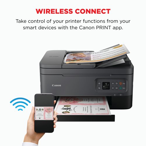The Canon PIXMA TS7450i is the perfect fit for versatile home use and effective home working: print, scan and copy from any device. Easy to connect and operate using the Canon PRINT app: this all-in-one home printer offers mobile printing at its best. Stylish, affordable and simple to use, offers the ability to print on many kinds of media from your computer, tablet or smartphone: print on photo paper, iron-on transfers, magnetic paper or restickable paper. The rear tray takes up to 20 sheets maximum of photo paper, or 100 sheets plain paper; front cassette holds a maximum of 100 sheets plain paper. Auto Duplex print (A4, A5, B5 Letter - plain paper) for paper saving. With ADF technology, you can scan and copy multiple sheets in double-quick time, making home working faster and simpler, up to 35 pags at a time. When work is over, the PIXMA TS7450i is as inventive as you are; ideal for artistic endeavours. Features a print speed of up to 13.0 ipm (mono) and 6.8 ipm (colour) with a 4800 x 1200 dpi print resolution. A copy speed of approx. 20 sec (sFCOT). Copy zoom 25 - 400%. Multiple copy of 99 copies max. The flatbed, ADF and CIS colour scanner provides an optical resolution of up to 1200 x 2400 dpi. Can scan documents up to 216 x 297mm. With a scanning depth (input/output) colour RGB each 16bit/8bit and Greyscale 16bit/8bit. Connectivity interface: Hi-Speed USB (B Port), Wi-Fi IEEE802.11 b/g/n, Wi-Fi Security: WPA-PSK, WPA2-PSK, WEP, Wireless LAN Frequency Band: 2.4GHz. Print applications and methods: Canon PRINT Inkjet/SELPHY app, Easy-PhotoPrint Editor, PIXMA Cloud Link, Canon Print Service Plugin (Android), Apple AirPrint, Wireless Direct, WLAN PictBridge, Mopria (Android). LED status bar to show activity and progress. This printer is compatible with the PIXMA Print Plan, a monthly subscription for inks based on pages printed. Supplied with in-box FINE ink cartridges.