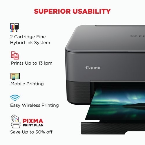 This Canon PIXMA TS5350i 3-In-One can print, copy and scan, with a contemporary 2-tone design with an LED status bar, making it an ideal match for modern creatives. Let loose your ambitions and get designing with Easy-PhotoPrint Editor, or try paper crafts from Creative Park. Features a print speed of up to 13.0 ipm (mono) and 4.4 ipm (colour) with a 4800 x 1200 dpi print resolution. A copy speed of approx. 20 sec (sFCOT). Copy zoom 25 - 400%. Multiple copy of 99 copies max. The CIS flatbed colour scanner provides an optical resolution of up to 1200 x 2400 dpi. Can scan documents up to 216 x 297mm. With a scanning depth (input/output) colour RGB each 16bit/8bit and Greyscale 16bit/8bit. Connectivity interface: Hi-Speed USB (B Port), Wi-Fi IEEE802.11 b/g/n, Wi-Fi Security: WPA-PSK, WPA2-PSK, WEP, Administration password, Wireless LAN Frequency Band: 2.4GHz. Print applications and methods: Canon PRINT Inkjet/SELPHY app, Easy-PhotoPrint Editor app, Creative Park app, PIXMA Cloud Link, Canon Print Service Plugin (Android), Apple AirPrint, Wireless Direct, Access Point Mode, WLAN PictBridge, Mopria (Android). Load up the rear feed with a whole host of creative media, including iron-on transfers and double-sided matte paper, to turn your ideas into reality. Rear tray takes maximum of 20 sheets (photo paper) or 100 sheets (plain paper). Front tray takes up to maximum of 100 sheets (plain paper). Take control with your smartphone thanks to snappy wireless connectivity and print, scan and connect to your social media accounts via the Canon PRINT app - all it takes to get connected is the touch of a button thanks to Wireless Connect. For shareworthy snaps, take advantage of the FINE cartridges and ChromaLife100 ink system for vivid, long-lasting photos. This printer is compatible with the PIXMA Print Plan, a monthly subscription for inks based on pages printed. OLED (1.44 inch) display. Supplied with in-box FINE ink cartridges.