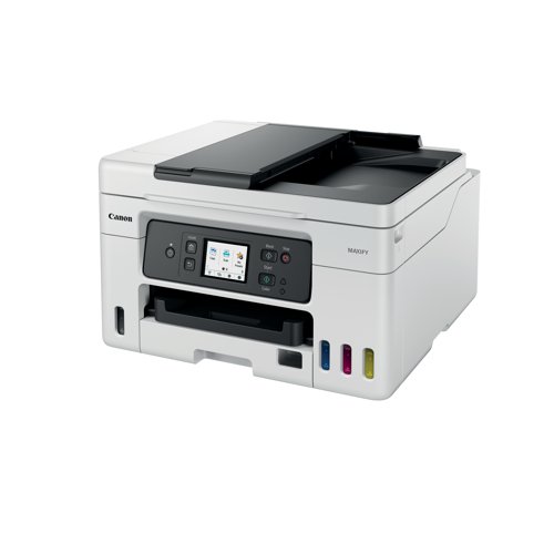 The Canon Maxify GX4050 multifunctional A4 printer with Wi-Fi can print, copy and scan. Print resolution up to 600 x 1200 dpi. The GX4050 is a refillable ink tank printer and has 1 print head. With a mono print speed of approximately 18 ipm and colour print speed of approximately 13 ipm. With duplex printing capability. Standard interface: Hi-Speed USB (USB B Port), Wi-Fi; Wireless printing requires a working network with wireless 802.11bgna or ac capability, operating at 2.4GHz. Comes with a rear paper tray, with a 100 sheet capacity, Cassette, with a 250 sheet capacity, Rear flat tray for 1 sheet. The GX4050 has a CIS flatbed photo and document scanner, with 1200 x 2400 dpi (optical) resolution, with a maximum document size of A4Letter (216 x 297mm). The copying specification allow for 3 levels of copy quality; Economy, Standard and High and 9 intensity levels. Capable of up to 99 muliple copies. Copy zoom of between 25 and 400 percent. The Super G3Colour fax functionality is capable of up to 300 x 300 dpi (mono) and 200 x 200 dpi (colour). Holds up to 250 pages in the memory. Group dial of up to 99 locations. Coded Speed Dialing of up to 100 locations.