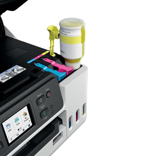 The Canon Maxify GX4050 multifunctional A4 printer with Wi-Fi can print, copy and scan. Print resolution up to 600 x 1200 dpi. The GX4050 is a refillable ink tank printer and has 1 print head. With a mono print speed of approximately 18 ipm and colour print speed of approximately 13 ipm. With duplex printing capability. Standard interface: Hi-Speed USB (USB B Port), Wi-Fi; Wireless printing requires a working network with wireless 802.11bgna or ac capability, operating at 2.4GHz. Comes with a rear paper tray, with a 100 sheet capacity, Cassette, with a 250 sheet capacity, Rear flat tray for 1 sheet. The GX4050 has a CIS flatbed photo and document scanner, with 1200 x 2400 dpi (optical) resolution, with a maximum document size of A4Letter (216 x 297mm). The copying specification allow for 3 levels of copy quality; Economy, Standard and High and 9 intensity levels. Capable of up to 99 muliple copies. Copy zoom of between 25 and 400 percent. The Super G3Colour fax functionality is capable of up to 300 x 300 dpi (mono) and 200 x 200 dpi (colour). Holds up to 250 pages in the memory. Group dial of up to 99 locations. Coded Speed Dialing of up to 100 locations.