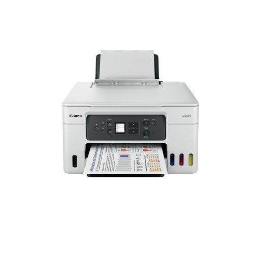 The Canon Maxify GX3050 multifunctional A4 printer with Wi-Fi can print, copy and scan. Print resolution up to 600 x 1200 dpi. The GX3050 is a refillable ink tank printer and has 1 print head. With a mono print speed of approximately 18 ipm and colour print speed of approximately 13 ipm. With duplex printing capability. Standard interface: Hi-Speed USB (USB B Port), Wi-Fi; Wireless printing requires a working network with wireless 802.11bgna or ac capability, operating at 2.4GHz. Comes with a rear paper tray, with a 100 sheet capacity, Cassette, with a 250 sheet capacity, Rear flat tray for 1 sheet. The GX3050 has a CIS flatbed photo and document scanner, with 1200 x 2400 dpi (optical) resolution, with a maximum document size of A4Letter (216 x 297mm). The copying specification allow for 3 levels of copy quality; Economy, Standard and High and 9 intensity levels. Capable of up to 99 muliple copies. Copy zoom of between 25 and 400 percent.