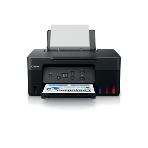 The Canon Pixma G2570 3 in 1 printer in can print, copy and scan. Print resolution up to 4800 x 1200 dpi. The G2570 is a refillable ink tank printer and has 2 FINE print heads (Black and Colour). With a mono print speed of approximately 11 ipm and colour print speed of approximately 6.0 ipm. Standard interface: Hi-Speed USB (USB B Port). Comes with a rear paper tray, with a 100 sheet capacity. The G2570 has a CIS flatbed photo and document scanner, with 600 x 1200 dpi (optical) resolution, with a maximum document size of A4LTR. Capable of up to 99 muliple copies.