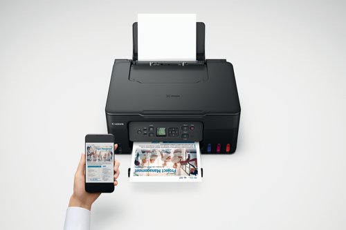 The Canon Pixma G3570 multifunctional printer in black, can print, copy and scan. Print resolution up to 4800 x 1200 dpi. The G3571 is a refillable ink tank printer and has 2 FINE print heads (Black and Colour). With a mono print speed of approximately 11 ipm and colour print speed of approximately 6.0 ipm. Standard interface: Hi-Speed USB (USB B Port), Wi-Fi; Wireless printing requires a working network with wireless 802.11bgna or ac capability, operating at 2.4GHz. Comes with a rear paper tray, with a 100 sheet capacity. The G3570 has a CIS flatbed photo and document scanner, with 600 x 1200 dpi (optical) resolution, with a maximum document size of A4LTR. The copying specification allow for 3 levels of copy quality; Economy, Standard and High and 9 intensity levels. Capable of up to 99 muliple copies. Copy zoom of between 25 and 400 percent.