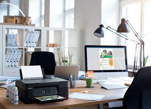 The Canon Pixma G3570 multifunctional printer in black, can print, copy and scan. Print resolution up to 4800 x 1200 dpi. The G3571 is a refillable ink tank printer and has 2 FINE print heads (Black and Colour). With a mono print speed of approximately 11 ipm and colour print speed of approximately 6.0 ipm. Standard interface: Hi-Speed USB (USB B Port), Wi-Fi; Wireless printing requires a working network with wireless 802.11bgna or ac capability, operating at 2.4GHz. Comes with a rear paper tray, with a 100 sheet capacity. The G3570 has a CIS flatbed photo and document scanner, with 600 x 1200 dpi (optical) resolution, with a maximum document size of A4LTR. The copying specification allow for 3 levels of copy quality; Economy, Standard and High and 9 intensity levels. Capable of up to 99 muliple copies. Copy zoom of between 25 and 400 percent.