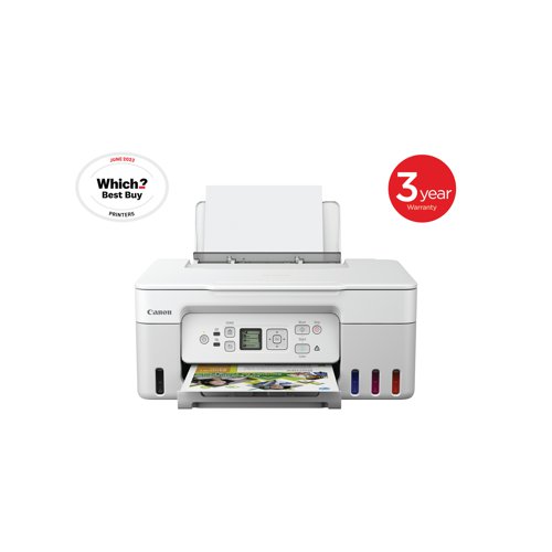 The Canon Pixma G3571 multifunction printer in white, can print, copy and scan. Print resolution up to 4800 x 1200 dpi. The G3571 is a refillable ink tank printer and has 2 FINE print heads (Black and Colour). With a mono print speed of approximately 11 ipm and colour print speed of approximately 6.0 ipm. Standard interface: Hi-Speed USB (USB B Port), Wi-Fi; Wireless printing requires a working network with wireless 802.11bgna or ac capability, operating at 2.4GHz. Comes with a rear paper tray, with a 100 sheet capacity. The G3571 has a CIS flatbed photo and document scanner, with 600 x 1200 dpi (optical) resolution, with a maximum document size of A4LTR. The copying specications allow for 3 levels of copy quality; Economy, Standard and High and 9 intensity levels. Capable of up to 99 muliple copies. Copy zoom of between 25 and 400 percent.