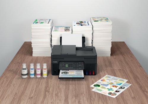 The Canon Pixma printer G4570 4 in 1 A4 is a refillable ink tank printer, this all in one device can print, copy, scan and fax. With an automatic document feeder capable of up to 35 sheets (1-sided). Print resolution up to 4800 x 1200 dpi. The G4570 is a refillable ink tank printer and has 2 FINE print heads (Black and Colour). With a mono print speed of approximately 11 ipm and colour print speed of approximately 6.0 ipm. Standard interface: Hi-Speed USB (USB B Port), Wi-Fi; Wireless printing requires a working network with wireless 802.11bgna or ac capability, operating at 2.4GHz. Comes with a rear paper tray, with a 100 sheet capacity. The G4570 has a CIS flatbed photo and document scanner, with 600 x 1200 dpi (optical) resolution, with a maximum document size of A4LTR. The copying specications allow for 3 levels of copy quality; Economy, Standard and High and 9 intensity levels. Capable of up to 99 muliple copies. Copy zoom of between 25 and 400 percent. The Super G3Colour fax functionality is capable of up to 300 x 300 dpi (mono) and 200 x 200 dpi (colour). Holds up to 50 pages in the memory. Group dial of up to 19 locations.