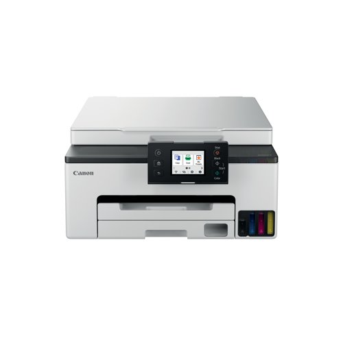 Produce durable business-quality documents in your small office or home office with this full front operation multi-function MegaTank printer. Canon MAXIFY GX1050 fits easily in any space due to its compact and user-friendly design. Benefit from fast print speeds and high yields thanks to its four individually refillable ink tanks and affordable ink bottle replacements. This printer is a 3-in-1 printer which can print, copy and scan. Keep your most important data safe with simple, easy-to-navigate security settings that can be tailored to your environment. With a print speed of up to 15 ipm (mono), 10 ipm (colour), copy speed of 9.1 ipm (colour). Print resolution up to 600 x 1200 dpi. Auto 2-sided printing (A4, Letter - plain paper/cassette only). 250 sheet front cassette. Connectivity via USB, dual band Wi-Fi and Ethernet. Mobile connectivity: Canon PRINT app, Easy-PhotoPrint Editor app, Creative Park app. Printer features: Easy-PhotoPrint Editor Software, Cloud Link, Canon Print Service Plugin and Mopria (Android), Apple AirPrint, Wireless Direct, PosterArtist Web, Easy Layout Editor. Flatbed (Platen) CIS colour scanner, with optical resolution of 1,200 x 2,400 dpi. All operated via a 6.7cm colour touchscreen. Supplied with 4 high yield ink bottles (1x Black and 1 x Cyan, Magenta and Yellow).