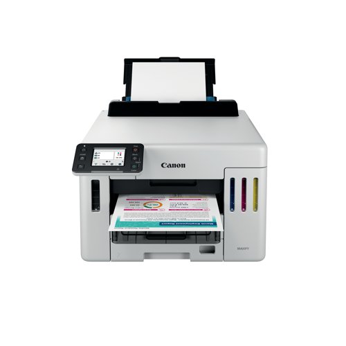 Meet your business needs nd enjoy advanced media handling, low running costs and enhanced security, all in a compact and user-friendly design. Canon MAXIFY GX5550 handles a diverse range of media and featuring a high-capacity ink tank, this printer boosts the productivity and versatility of your business. Prints a variety of high-quality documents, labels and envelopes on a range of paper weights, ideal for retail, logistics and pharmacy environments. Benefit from fast print speeds and high yields thanks to its four individually refillable ink tanks and affordable ink bottle replacements. This printer is a single-function printer. Keep your most important data safe with simple, easy-to-navigate security settings that can be tailored to your environment. With a print speed of up to 24.0 ipm (mono), 15.5 ipm (colour). Print resolution up to 600 x 1,200 dpi. Auto 2-sided printing (A4, Letter - plain paper/cassette only). Includes 2 cassettes at the front, each with 250 sheet capacity, and a rear tray with a 100 sheet capacity. Connectivity via USB, dual band Wi-Fi and Ethernet. Mobile connectivity: Canon PRINT Inkjet/SELPHY app, Easy-PhotoPrint Editor app, Creative Park app. Printer features: Easy-PhotoPrint Editor Software, PIXMA Cloud Link, Canon Print Service Plugin and Mopria (Android), Apple AirPrint, Wireless Direct, Easy Layout Editor. All operated via a 6.7cm colour touchscreen. Supplied with 4 high yield ink bottles GI-56 (1x Black and 1 x Cyan, Magenta and Yellow).
