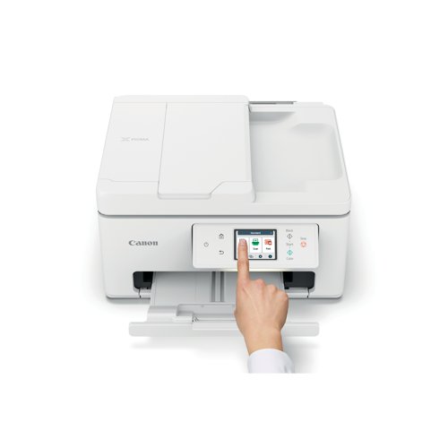 The Canon PIXMA TS7750I multi-function printer is a fast, high-quality printer with streamlined usability and support for stress-free, money-saving printing via PIXMA Print Plan, where you can save up to 50% on ink costs, choose a print subscription plan that suits your usage and have ink delivered to your home. Easy to use with the Switch UI2, colour-coded menus show you only the icons your need for a specific task, whether it is work, study or creativity. With a print speed of up to 15.0 ipm (mono), 10.0 ipm (colour), and a copy speed of up to 7.0 ipm. Copy up to 99 multiple copies (max.), and copy zoom of 25 - 400% and fit to page. Print resolution up to 1,200 x 1,200 dpi. Auto duplex print (A4, LTR - plain paper). Flatbed (Platen) CIS colour scanner, with optical resolution of 1,200 x 2,400 dpi. Connectivity via Hi-Speed USB, Wi-Fi, Wi-Fi Security and Wireless. Mobile connectivity: Canon PRINT app, Easy-PhotoPrint Editor app, Creative Park app. Printer features: Easy-PhotoPrint Editor Software, PIXMA Cloud Link, Canon Print Service Plugin and Mopria (Android), Apple AirPrint, Wireless Direct, PosterArtist Web. Rear tray: up to 20 sheets (photo paper), up to 100 sheets (plain paper); Front cassette: up to 100 sheets (plain paper). With ADF for scanning or copying up to 35 pages at a time. All operated via a 6.7cm LCD touch screen. Supplied with in-box FINE cartridges (black and colour).