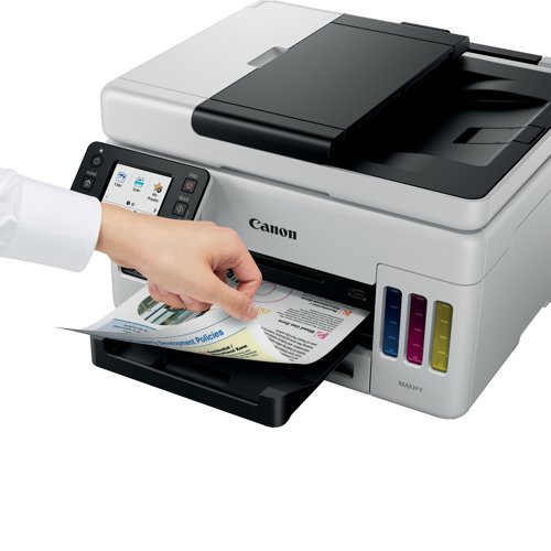 The Maxify GX6550 inkjet printer is ideal for businesses needing medium volume, speedy and cost effective daily colour printing. This compact 3-in-1 printer can print, copy and scan and cloud. With a rear tray with a maximum capacity of 100 sheets, a cassette with a maximum capacity of 250 sheets, and an automatic document feeder with 50 sheet capacity. Capable of up to 99 multiple copies. Can be set for copy quality: Economy, Standard and High. Providing (A4) 6,000 pages (economy mode 9,000 pages) and 14,000 pages (economy mode 21,000 pages) - Standard ink bottles Canon GI-56. Scanner is a flatbed (ADF/Platen) CIS colour scanner, with 1,200 x 1,200 dpi scanner resolution (optical). 33 languages selectable. Standard interface: Hi-speed USB (B Port), Ethernet, Wi-Fi, Wireless LAN frequency band: 2.4GHz, 5GHz and Administration password. Windows 10, Windows 8.1, Windows 7 SP1 - Operation can only be guaranteed on a PC with pre-installed Windows 7 or later. Software included: Printer Driver, IJ Printer Assistant Tool, Easy-PhotoPrint Editor (download). Uses standard Canon ink bottles: GI-56.
