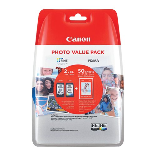Canon PG-545XL/CL-546XL Ink Cartridges HY Black and HY Cyan/Magenta/Yellow and Photo Paper 8286B006