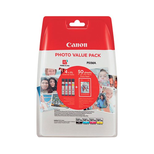 Canon CLI-581XL Inkjet Cartridge High Yield + Photo Paper Value Pack CMYK (Pack of 4) 2052C004